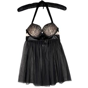 VICTORIA'S SECRET Size 32C Black Babydoll Eyelash Lace Tulle Halter Lingerie